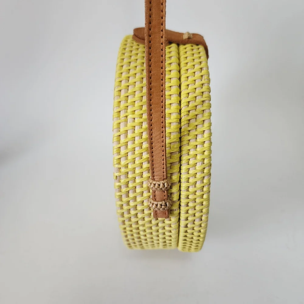 Hand Crafted Bali Yellow & Beige Tassel Rattan Circle Crossbody Bag